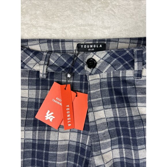 YOUNGLA Dress Pants Gray Navy Blue Plaid Size 30 x 30 Men's Pants Stretch NWT - Picture 2 of 9